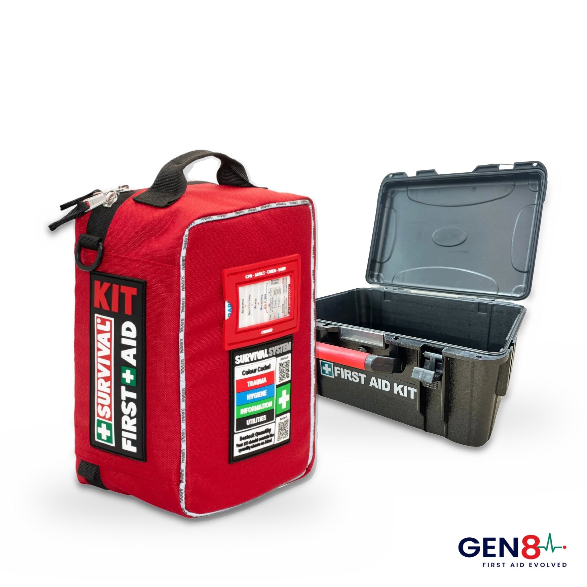 SURVIVAL Boaties First Aid Bundle Gen 8 showing the red first aid kit and open protective box