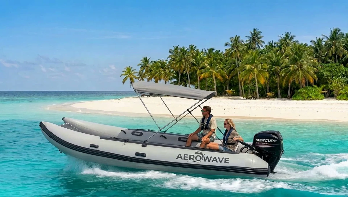 Aerowave Viper inflatable catamaran shown beside a tropical shoreline