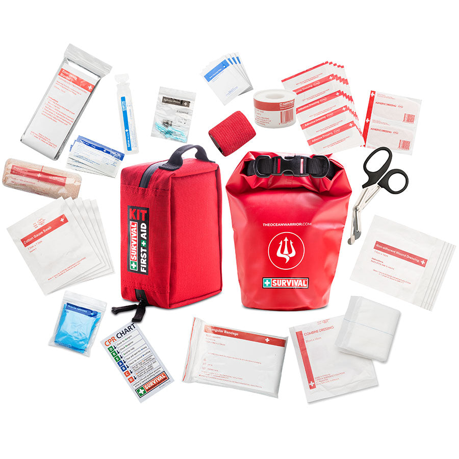 Ocean Warrior first aid kit, dry bag and supplies laid out to show the contents