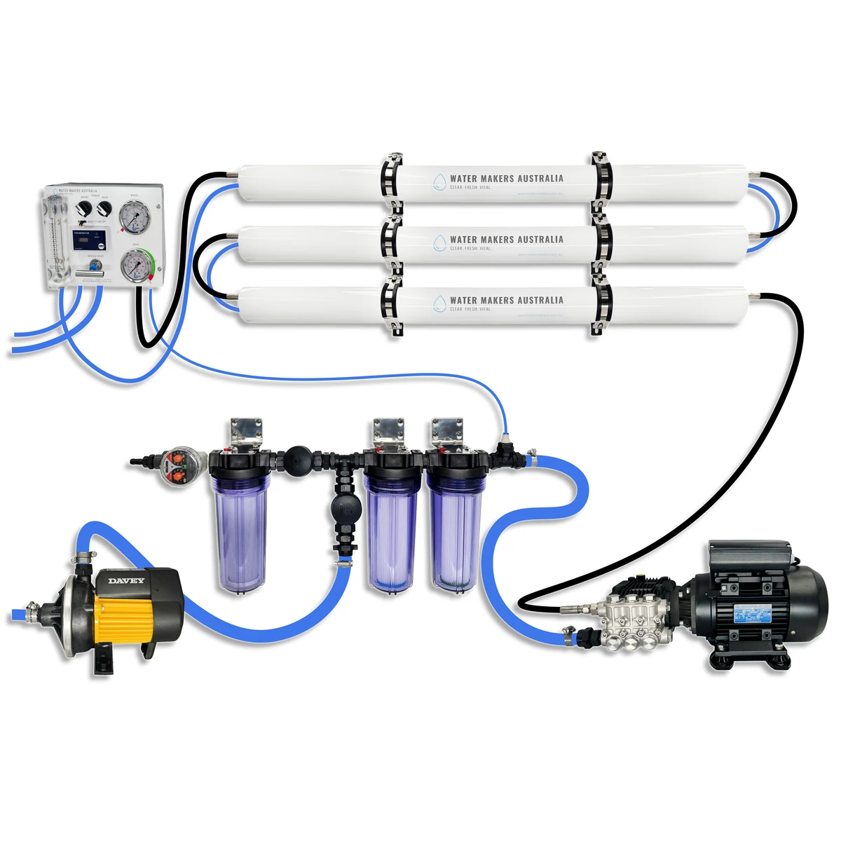 Water Makers Australia modular triple-membrane system laid out with its components